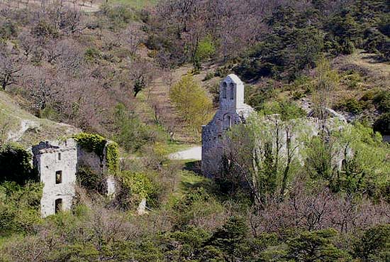 Ruïnes van een priorij in Aleyrac (bij Montélimar, Fr.)