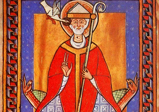 Paus Gregorius VII. Miniatuur. Prekenboek, 12de eeuw.