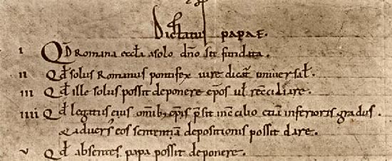 De eerste regels van de Dictatus papae (1075) van paus Gregorius VII