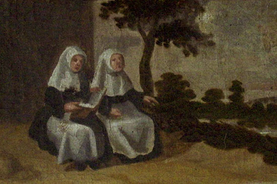 zusters keuvelen op een bank in de tuin. Detail van een schilderij (1578) in het Stedelijk Museum Hof van Busleyde in Mechelen.