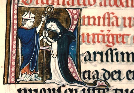 Ceremonie van de eeuwige geloften. Miniatuur, 13de eeuw. Besançon, Bibl. Municipale