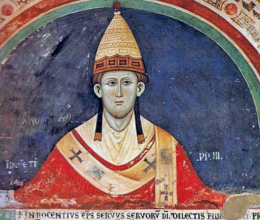 Paus Innocentius III. Fresco, 1219. Subiaco (It.), Sacro Speco klooster