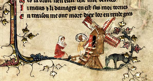 Met het graan naar de windmolen. Miniatuur, 1344. Oxford, Bodleian Library.