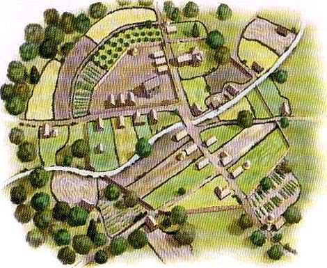 Reconstructie-tekening van een middeleeuws landbouwdomein.