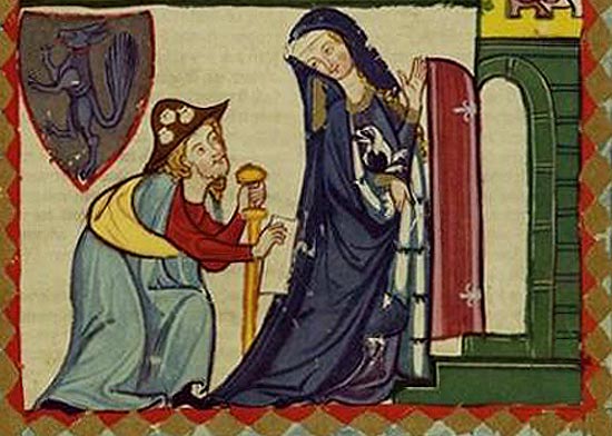 Een pelgrim vraagt de zuster onderdak in het Gasthuis. Middeleeuwse miniatuur.