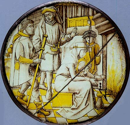 Pelgrims warmen zich op bij het haardvuur. Glasraam, 15de eeuw. Parijs, Mus. Cluny