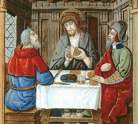 Jezus, in pelgrimskledij, breekt het brood voor 2 bedevaarders. Lectionarium, 16de eeuw. Lyon, BM