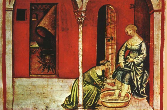 Het ritueel van de voetwassing. Miniatuur, ca. 1400. Tacuinum Sanitatis. Parijs, BNF.