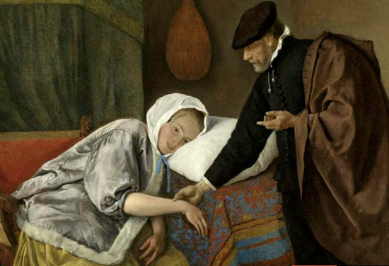 De geneesheer voelt de polsslag van een zieke vrouw. Jan Steen, 1663. Amsterdam, Rijksmuseum.