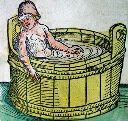 Man in bad. Michael Wolhgemut, gekleurde houtsnede, 1493. Beloit, Morse Library