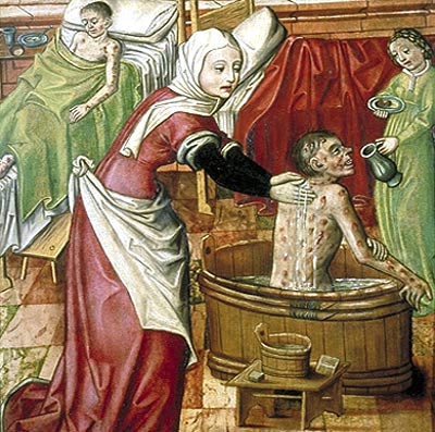 St.-Elisabeth van Hongarije geeft een melaatse een bad. H. Memling, ca. 1480. Bardejov, St. Agidiuskerk.