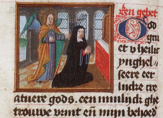biddende kloosterzuster met haar beschermengel. Miniatuur. Den Haag, Koninklijke Bibliotheek