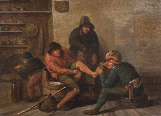 Barbier behandelt eksteroog. Joos van Craesbeeck. 17de eeuw.