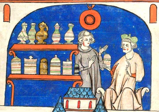 Apotheker. Miniatuur, begin 14de eeuw. Uit 'Circa Instans' van Matthaeus Platearius. Londen, British Library.