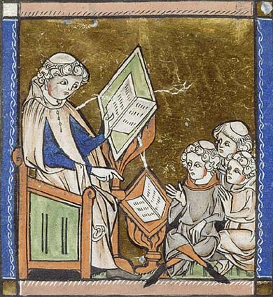 Les geneeskunde aan de universiteit van Salerno (It.), gesticht in 1173. Miniatuur, ca. 1300. Londen, British Library.