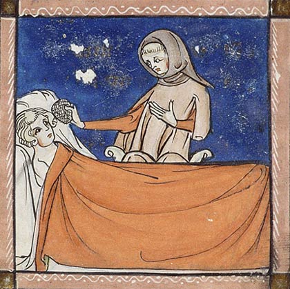 Spons doordrenkt met o.m. opium om de pijn-ervaring van de zieke te verlichten. Miniatuur, 14de eeuw, uit 'Post Mundi Fabricam' van Rogerio Frugardi.