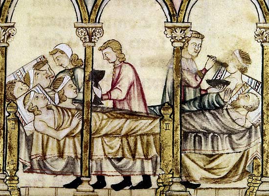 Gasthuis-tafereel. Miniatuur, 1279. 'Cantigas de Santa Maria' (Alfonso X). Madrid, National Library