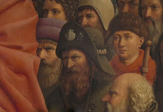 Groep Pelgrims. Gebroeders Van Eyck. Detail van Het Lam Gods. Gent, St.-Baafskathedraal.