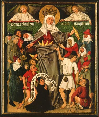 De Hongaarse H. Elisabeth van Thüringen. Altaar-drieluik (detail), 1480 (Karslruhe, Staatliche Kunsthalle).