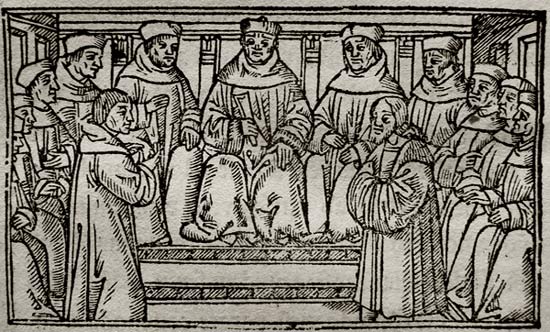 Vergadering van een middeleeuwse schepenbank. Houtsnede, 1522