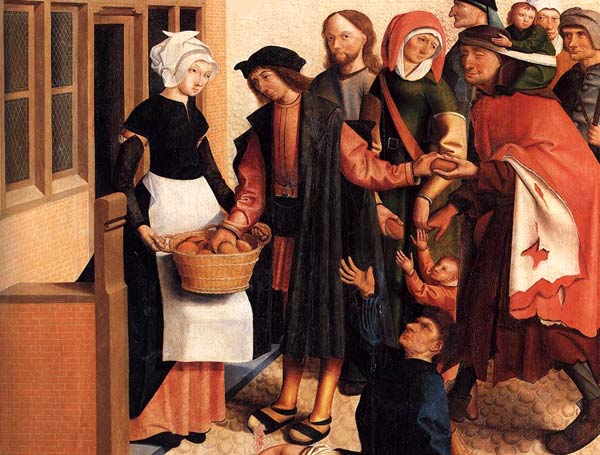 De hongerigen spijzen. Detail van de 7 werken van barmhartigheid. De Meester van Alkmaar, 1505. (Amsterdam, Rijksmuseum).