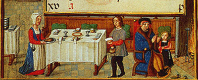 Serveren van de maaltijd. Simon Bening. Miniatuur, 1510. Wenen, Osterr. Nationalbibl.