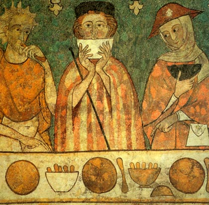 Pelgrims aan tafel. 13de-eeuws fresco. Lerida (Sp.), klooster van de Seu Vella kathedraal. 