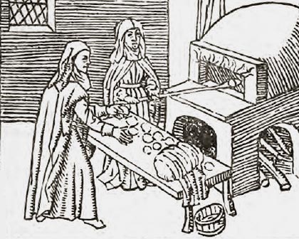 Zusters bakken brood. Houtsnede, 1498. Boeck van den Pelgrim. Den Haag, KB.