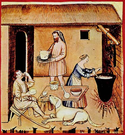 Gasthuistafereel. Miniatuur, 14de eeuw. Rome, Biblioteca Casanatense