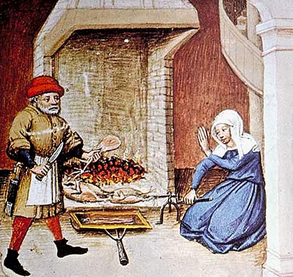 Braden aan het spit. Vlaamse miniatuur, 1432. Parijs, BNF.