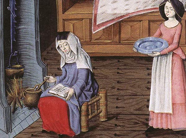 Zuster bidt en kookt bij de haard. Vlaamse miniatuur, ca. 1470. Londen, British Museum.