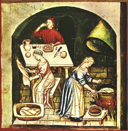 Het gastenverblijf. Miniatuur, 14de eeuw (Rome Biblioteca Casanatense)