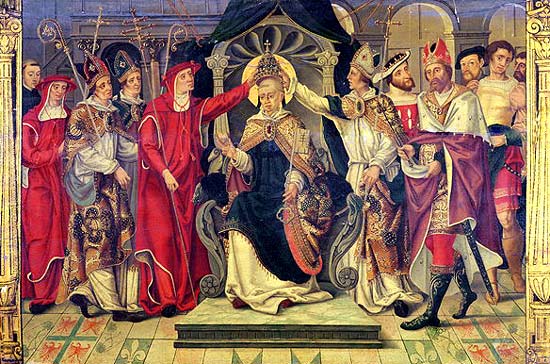 Middeleeuwse paus omringd door enkele kardinalen. (Onbekende Franse meester)