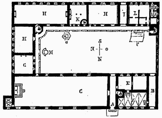 Plattegrond van een ziekenzaal (C) met tal van bijgebouwen eromheen.