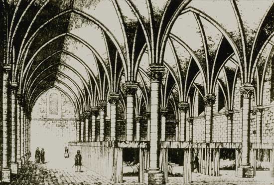 Het driebeukig St.-Janshospitaal in Angers (Fr.). 19de-eeuwse tekening.