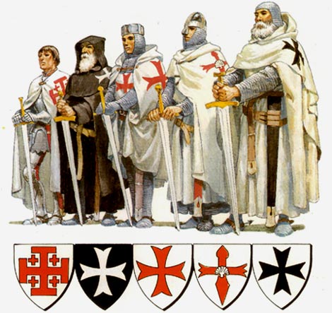 de grote middeleeuwse ridderorden. Vlnr. de Ridders van het H. Graf, de Hospitaalridders van St. Jan, de Tempelridders, de Ridders van St. Jakob van het Zwaard en de Teutoonse Ridders.