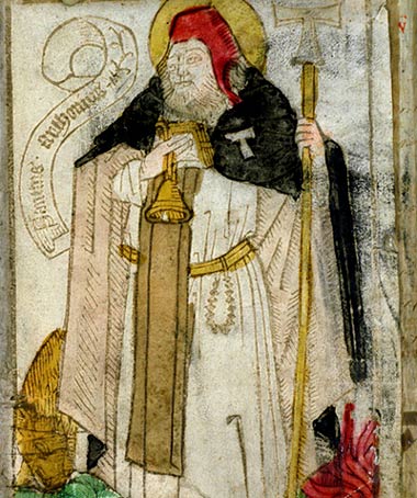 St.-Antonius-met-het-varken, met griekse T op zijn habijt en bedelstaf. Houtsnede, 1460. Salzburg, Universittsbibliothek.