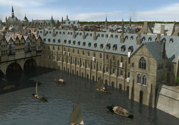 Reconstructie-maquette van het middeleeuws stadshospitaal bij de kathedraal Notre-Dame in Parijs