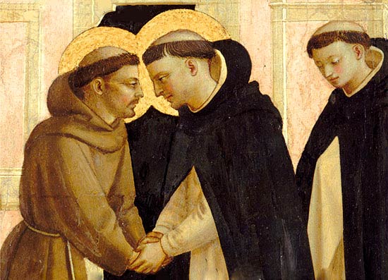 De H. Franciscus (l.) en de H. Dominicus (r.), stichters van een bedelorde. Middeleeuws fresco.