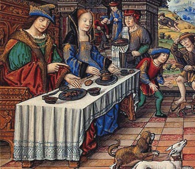 Voedseluitdeling aan bedelaars. Franse miniatuur, begin 16de eeuw. Gent, Universiteitsbibliotheek.