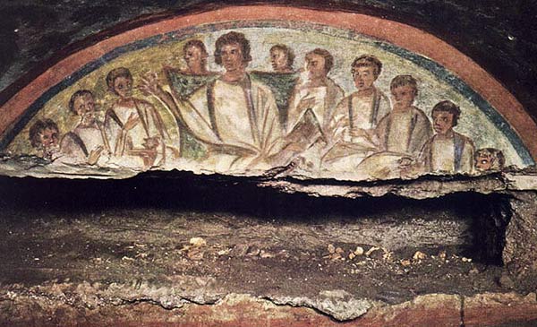 De 12 apostelen. Fresco, begin 4de eeuw. Rome, Catacomben van Domitilla.
