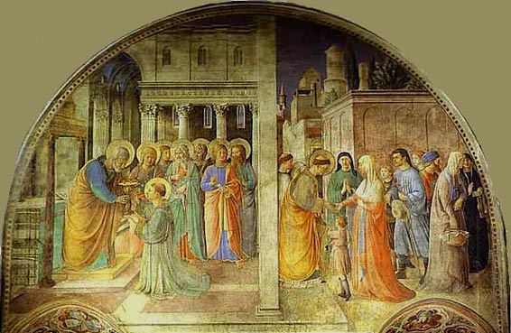 De apostel Petrus wijdt Stefanus, de eerste diaken. Fra Angelico. Fresco, 1449. Vaticaan, Capella Nicolina.