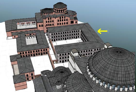 Reconstructie van het imposante Sampson-gasthuis (6de tot 12de eeuw), tussen de kerken Hagia Sofia en Hagia Irene in Byzantium.