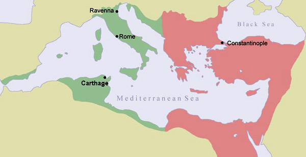 kaart van het Byzantijnse Rijk rond het jaar 550