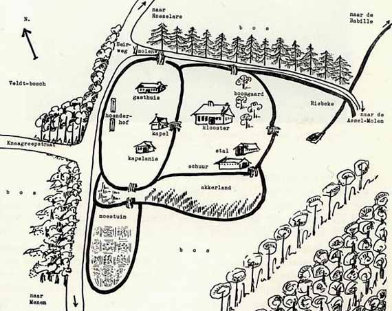 grondplan van het Gasthuis Ten Bunderen in de 14de eeuw, aan de hand van de beschrijving in het 'Jaer-Boek' van priorin A. De Wilde