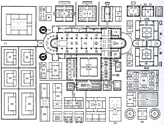 Plattegrond van het kloostercomplex van Sankt Gallen, met aanwijzing van de verscheidene gebouwen