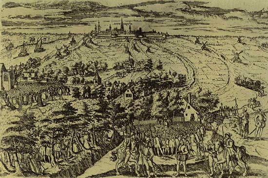 hagepreek bij Antwerpen. Frans Hogenberg. Ets, 1566