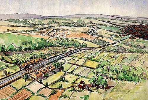 reconstructietekening van een heerweg en zijn omgeving (villa, oppidum, castrum, enz)