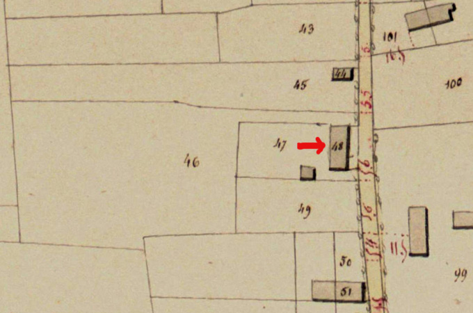 De herberg (48), de tuin (49), de boomgaard (47) en een achterliggend stuk grond (46) van De Tuimelare.(Atlas der Buurtwegen, 1852).