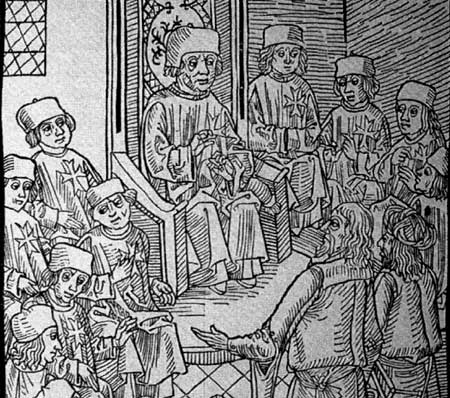 Hospitaalbroeders in vergadering. Tekening, 1496.